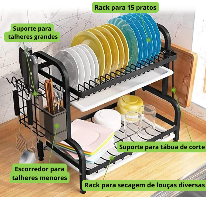 Escorredor de Louças 2 Andares com Suporte para Tábua e Talheres