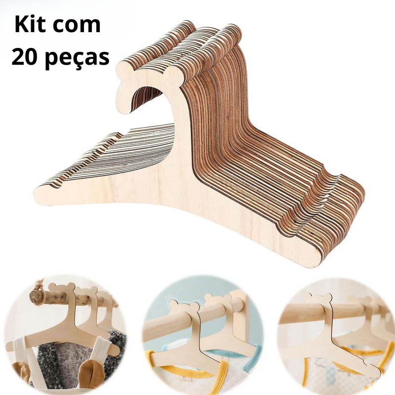 Kit com 20 Cabides de Madeira Infantil