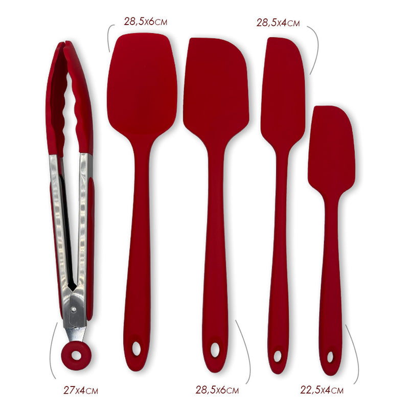 Conjunto de Espátulas e Pegador em Silicone 5 Peças - Vermelho