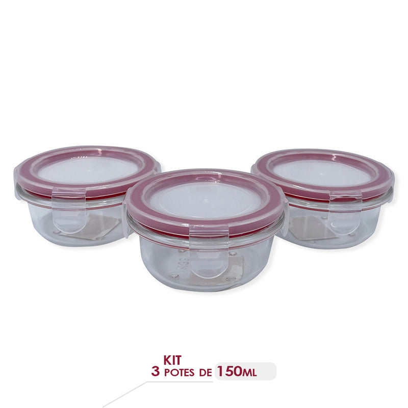 Kit com 3 Potes de Vidro Tampa Hermética 150ml Redondo