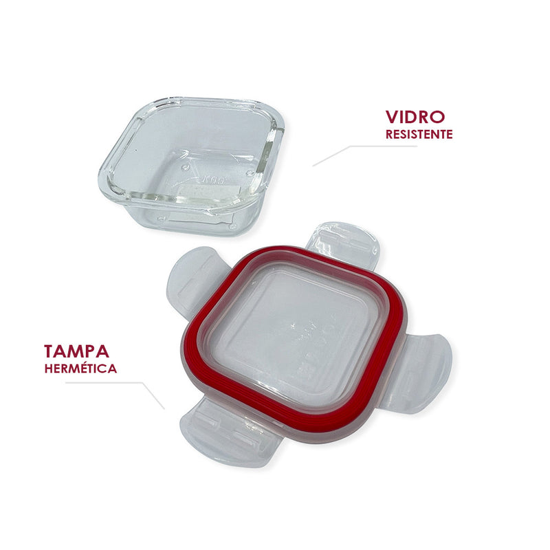 Kit com 3 Potes de Vidro Tampa Hermética 170ml Quadrado