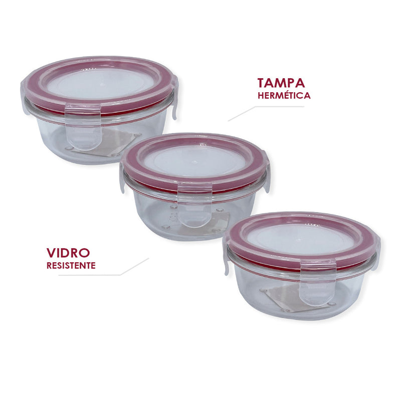 Kit com 3 Potes de Vidro Tampa Hermética 150ml Redondo